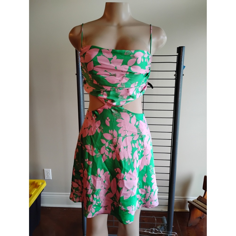 ASTR The Label Green Pink Floral Cutout Mini Dress Strappy Back Small